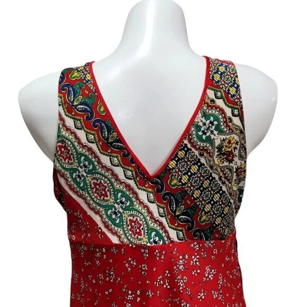 Cabernet Sleeveless Gown V-Neck Embroidered M Red Green Boho Chic